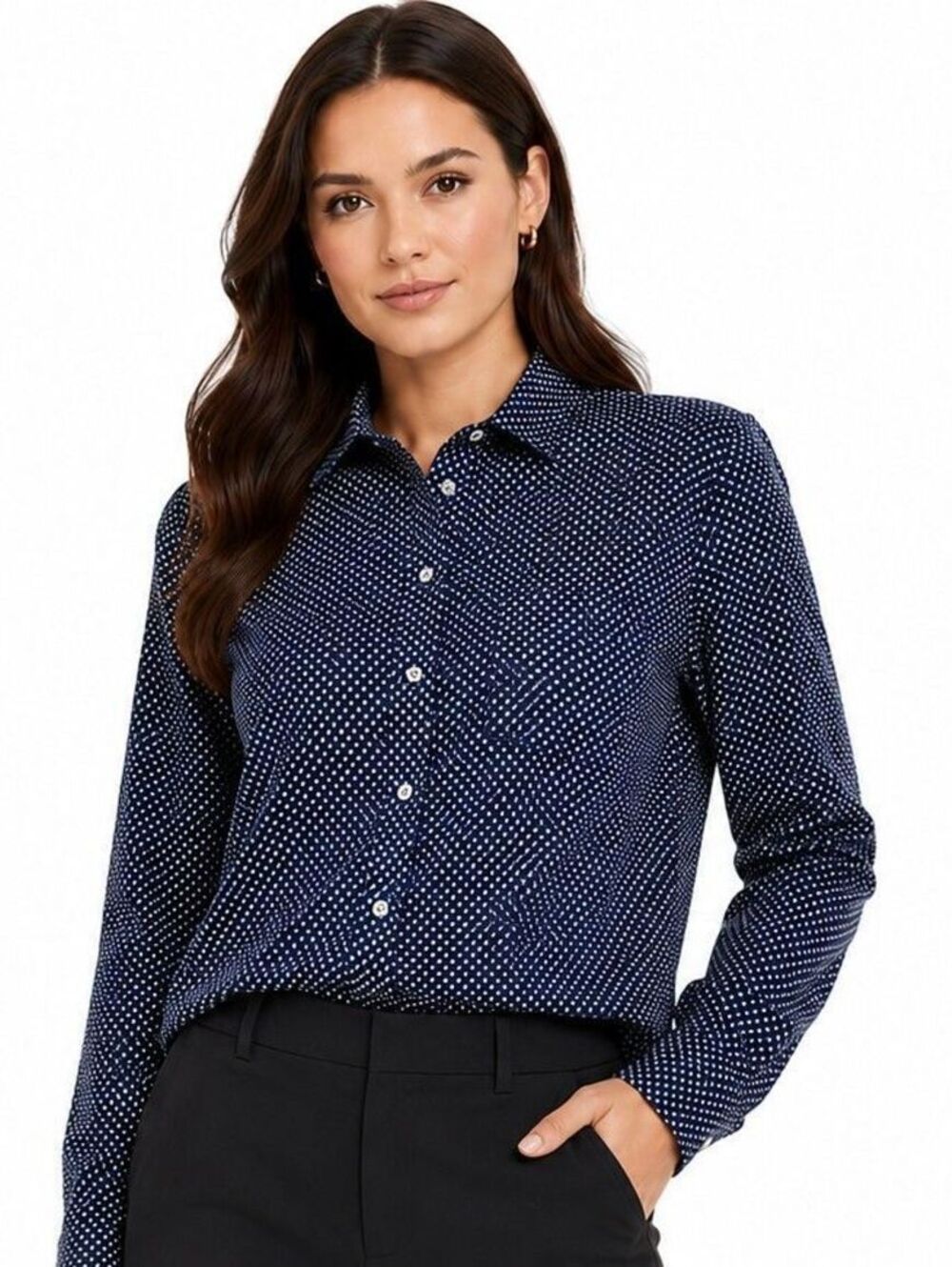 Givenchy Paris Women's Navy White Polka Dot Button-Up Shirt Long Sleeve - 38 (6)